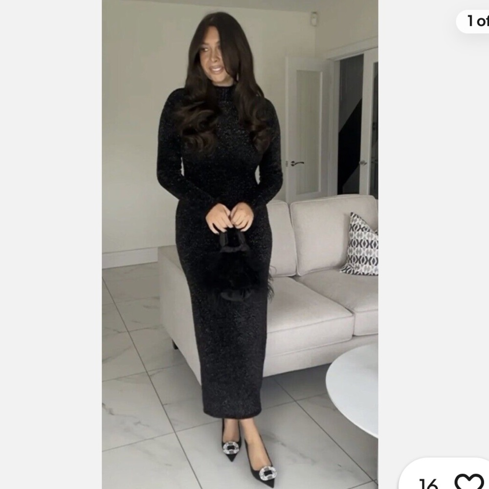 ZARA Elegant Black Shimmer Long Sleeve Dress, Size MEDIUM